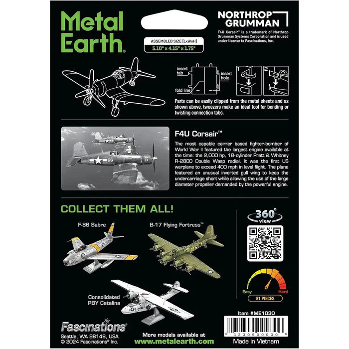 World War II - F4U Corsair American Plane Figure Model Kit (1:74 Scale, Steel, Challenging Difficulty) - Fascinations - Metal Earth Series