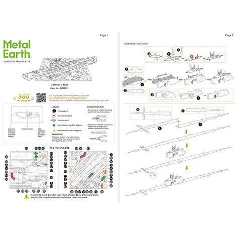 World War II - German U-Boat Type XXI Ship Figure Model Kit (1:74 Scale, Steel, Challenging Difficulty) - Fascinations - Metal Earth Series