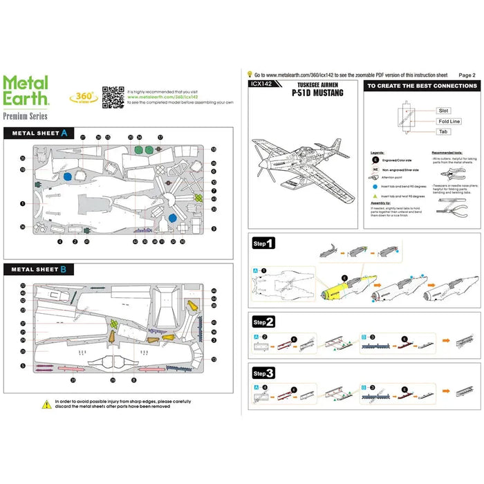 World War II - P-51D Mustang "Tuskegee Airmen" Plane Figure Model Kit (1:60 Scale, Steel, Challenging Difficulty) - Fascinations - Metal Earth Premium Series