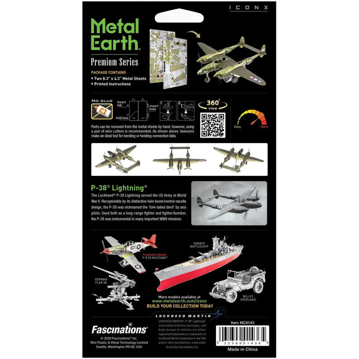 World War II [United States Army Air Forces] - Lockheed Martin P-38 Lightning Fighter Aircraft 3D Figure Model Kit (1:79 Scale, Steel, Moderate Difficulty) - Fascinations - Metal Earth Premium Series - (2023)
