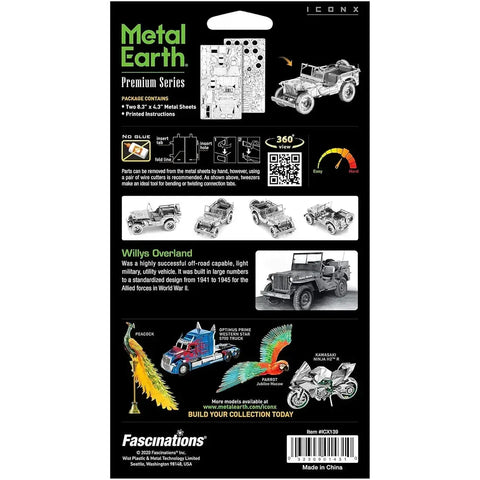 World War II - Unpainted Willys Overland Jeep Car Figure Model Kit (Steel, Challenging Difficulty) - Fascinations - Metal Earth Premium Series