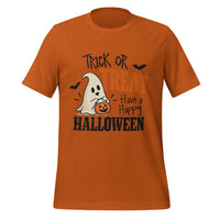 Trick or Treat Have a Happy Halloween T-Shirt - Cute Ghost and Pumpkin Graphic Tee