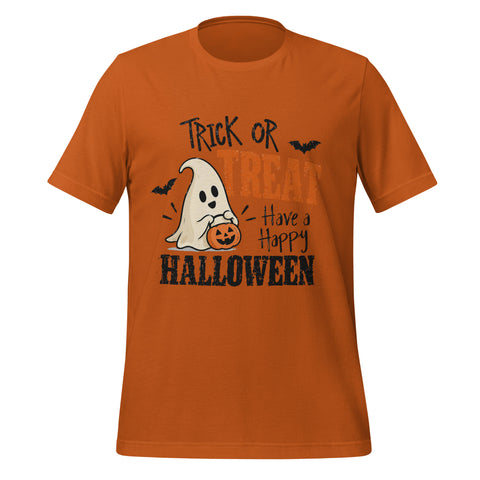 Trick or Treat Have a Happy Halloween T-Shirt - Cute Ghost and Pumpkin Graphic Tee - Image 1
